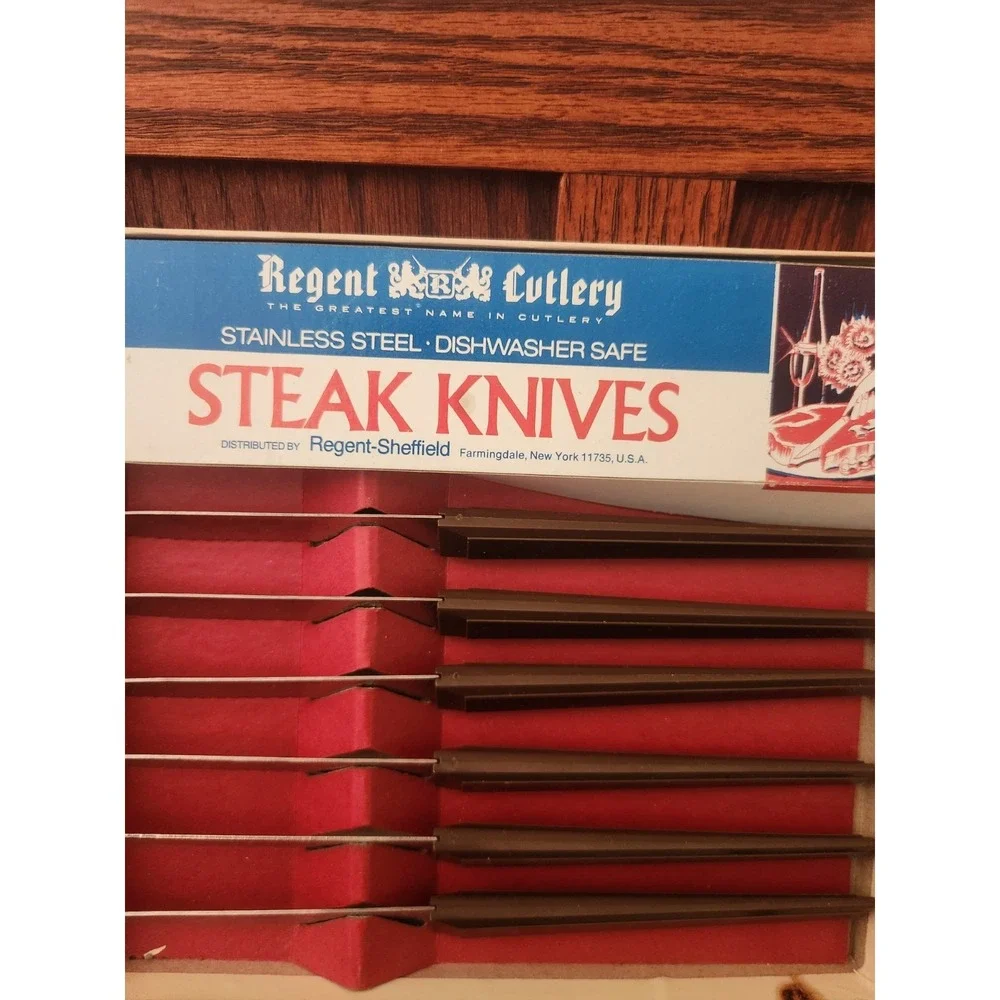 VINTAGE CUTLERY‎ REGENT SHEFFIELD ENGLAND  STAINLESS STEAK KNIFE SET IN BOX NOS
